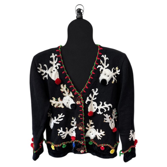 Berek Christmas Sweater Reindeer Pom Poms Lights Embellished Holiday - Picture 1 of 10